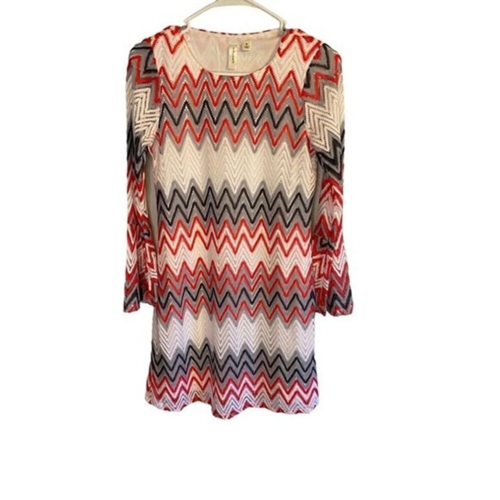 Tacera Red White Grey Chevron Crochet Lace Bell Sleeve Shift Dress Small
